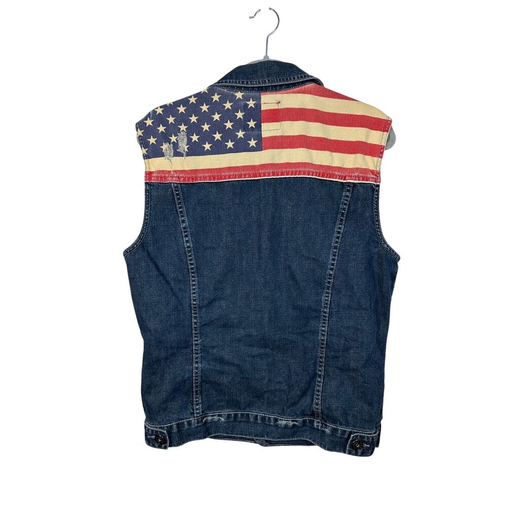 Guess Women's Sleeveless Denim Jacket with American Flag Yoke - Blue, Red, White - Picture 2 of 9